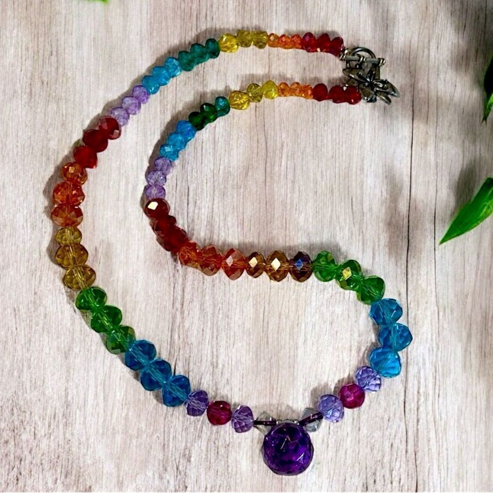 Handmade Necklace with Genuine Crystals in Graduating Rainbow Colors 22” 925